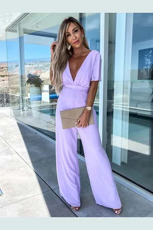 milanoo.com Tuta lilla scollo a V maniche corte cintura gamba larga casual estate tuta