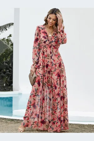 milanoo.com Abito con stampa floreale Abiti lunghi Boho con volant a strati e maniche lunghe