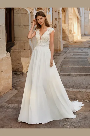 milanoo.com Abito da sposa boho in chiffon e pizzo a trapezio con vita naturale senza schienale senza maniche scollo a V