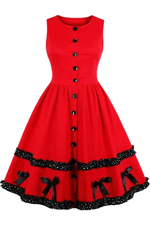 milanoo.com Retro reticolo Dress 1950 Natale a strati Archi Bottoni maniche gioiello collo swing Dress