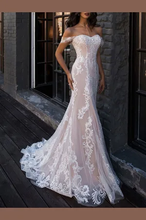 milanoo.com Abiti da Sposa Boho 2025 Sirena da Spalla Abito da Sposa in Pizzo Personalizzato Manica Corta Lunghezza Pavimento con Strascico