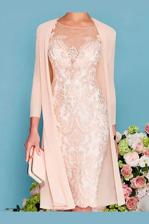milanoo.com Abito da sposa per la mamma 2 pezzi scollo a V maniche a 3/4 tubino pizzo perline abiti da invitata per la sposa personalizzazione gratuita