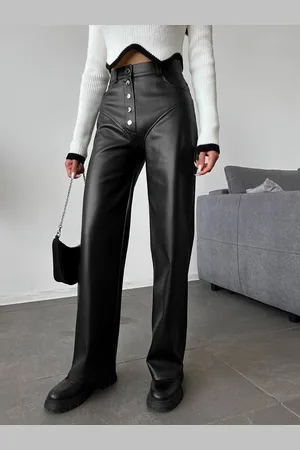 milanoo.com Pantaloni neri bottoni pantaloni in pelle PU