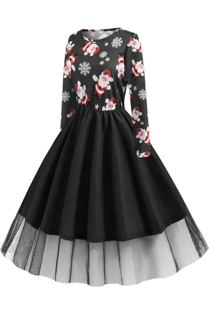 milanoo.com Vestiti Anni 50 con motivo natalizio Abiti donna maniche lunghe abiti anni 50 Nero con scollo tondo di poliestere Inverno Autunno di retro