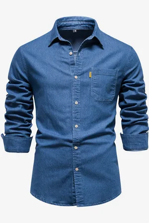 milanoo.com Camicia casual da uomo a maniche lunghe tinta unita vestibilità slim in denim