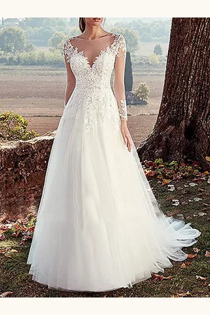 milanoo.com Abito da Sposa 2025 Scollo a V Una Linea Manica Lunga Pavimento in Pizzo Applique Abiti da Sposa in Tulle con Strascico