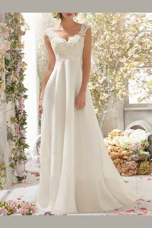 milanoo.com Abito da sposa Una linea con scollo a V senza maniche in pizzo con perline Flora Abiti da sposa con strascico