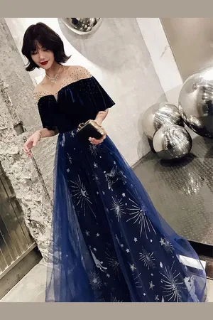 milanoo.com Abiti da ballo Abito da costellazione Lungo Tulle Velluto Patchwork Increspature Glitter Maxi Abito da festa formale Abiti da sposa Personalizzazione gratuita