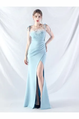 milanoo.com Abiti da festa Abito semi formale con spalline alte e spalline azzurre con piume sul collo