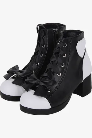 milanoo.com Stivali Gothic Lolita in PU Pelle Stampa Floreale Rivetti Punta Aperta Calzature Lolita Nere