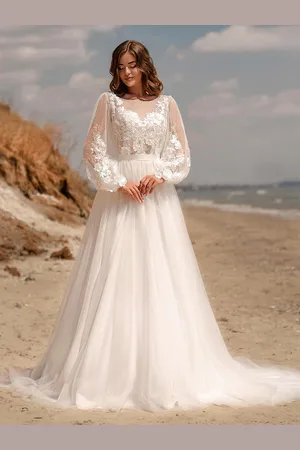 milanoo.com Abito da sposa Boho Pizzo Pizzo Linea ad A Lunghezza al pavimento Vita naturale Abito da sposa Bottoni funzionali Maniche lunghe Collo gioiello