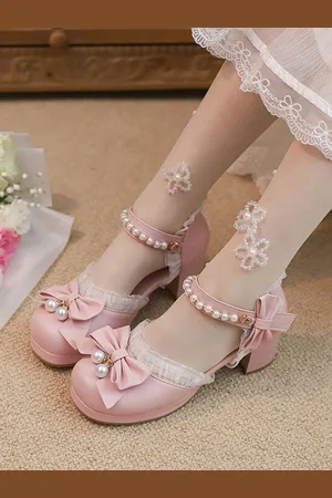 milanoo.com Sandali Sweet Lolita Ruffles Perle Fiocchi Punta tonda Pelle PU Scarpe estive Lolita rosa