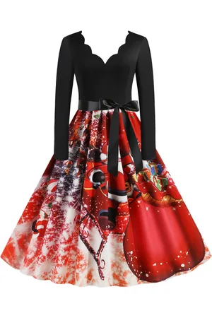 milanoo.com Vestiti Anni 50 con motivo natalizio Abiti donna maniche lunghe abiti anni 50 con scollo a V di poliestere Inverno Autunno di retro