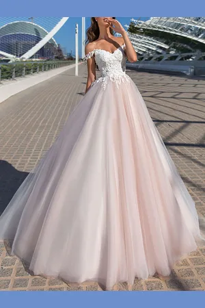 milanoo.com Abito da sposa Principessa Silhouette Corte dei treni Al largo della spalla Senza maniche Vita naturale Pizzo Tulle Abiti da sposa