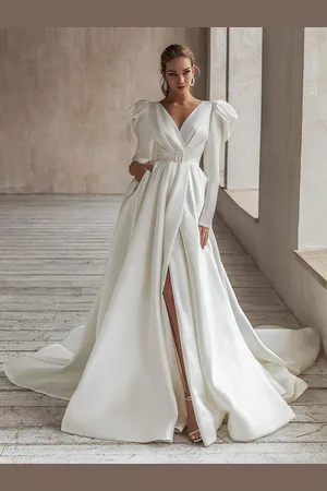 milanoo.com Abito da sposa vintage Abiti da sposa bianchi Abito da sposa a maniche lunghe Scollo a V A-Line con strascico Abiti da sposa