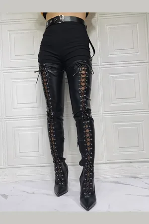 milanoo.com Stivali sexy con tacco alto Stivali a punta taglie forti Stivali con fibbia regolabile Tacco a spillo Stivali alti sopra il ginocchio neri