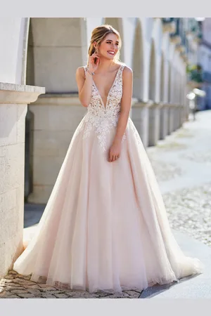 milanoo.com Abito da sposa Abiti da sposa con scollo a V in pizzo senza maniche a trapezio lunghi fino al pavimento