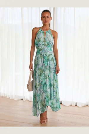 milanoo.com Stampa maxi abiti floreali senza maniche Halter eleganti abiti estivi lunghi senza schienale pieghettati a strati