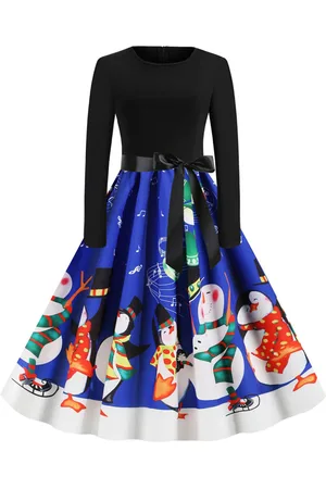 milanoo.com Vestiti Anni 50 con motivo natalizio Abiti donna maniche lunghe abiti anni 50 Blu con scollo tondo di poliestere Autunno di retro