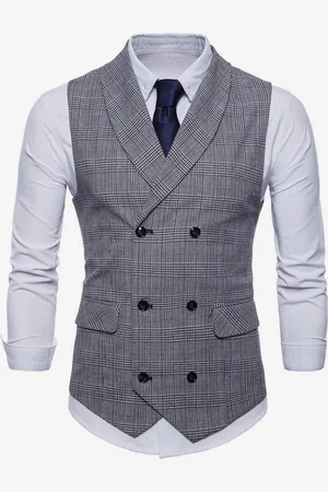 milanoo.com Giacca vintage senza maniche a doppio petto con gilet scozzese da uomo