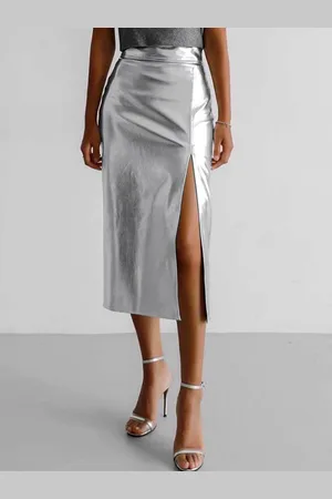milanoo.com Gonna color metallizzato Pantaloni a vita alta in pelle PU con spacco alto per donna