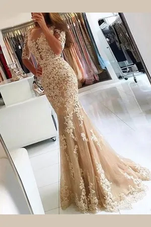 milanoo.com Abito da sera Mermaid Illusion Scollatura in pizzo Applique Abiti da cerimonia convenzionali con strascico