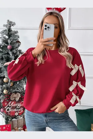 milanoo.com Maglioni da donna con fiocchi rossi scollo a V geometrico maniche lunghe maglioni in poliestere a strati