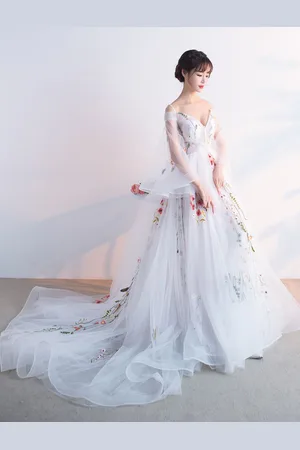 milanoo.com Abito per Concorso di Bellezza Ragazze svasato Mit Schleppe con scollo a V maniche a 3/4 pizzo di Lacci in tulle