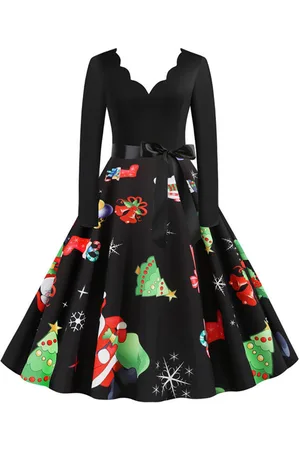 milanoo.com Vestiti Anni 50 con motivo natalizio Abiti donna maniche lunghe abiti anni 50 Scollatura di design di poliestere Inverno Autunno di retro