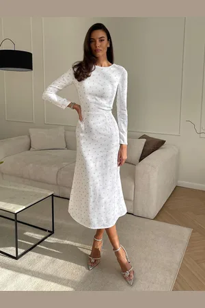 milanoo.com Abiti aderenti Vestito midi elegante con scollo a gioiello maniche lunghe stampa floreale bianca abito tubino