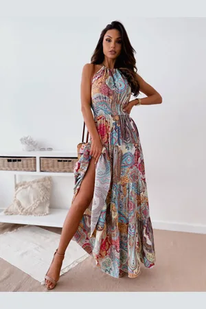 milanoo.com Maxi vestiti senza maniche stampato floreale con scollo gioiello Abito senza schienale in poliestere