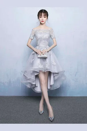 milanoo.com Abito da Ballo 2025 di Alta Homecoming Vestito da Promenade di Pizzo 2025 Fuori Dalla Spalla Applique Manica Corta Un Abito di Laurea Asimmetrico Linea