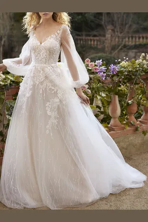 milanoo.com Abiti da Sposa Boho Chic Abiti da Sposa Pizzo svasata con scollo a V maniche lunghe di Spalle nude Abiti da sposa