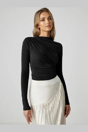 milanoo.com Maglietta basica da donna a maniche lunghe con pieghe a collo alto slim fit primavera 2025