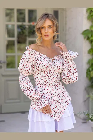 milanoo.com Abito floreale Mini abiti Stampa floreale Maniche lunghe Scollo a barca Chic Stratificato Senza spalline Volant Corto Estate