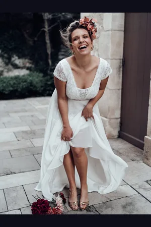 milanoo.com Abito da sposa boho in pizzo a trapezio senza schienale maniche corte scollo a V abito da sposa con strascico personalizzazione gratuita