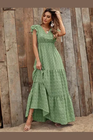 milanoo.com Maxi abiti estivi Abito da spiaggia con stampa floreale blu con scollo a V e volant