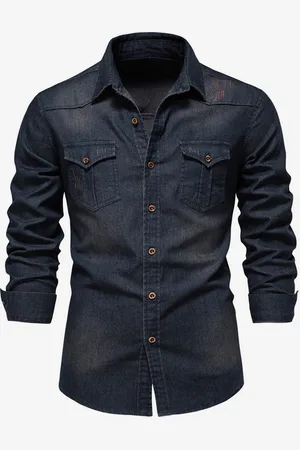 milanoo.com Camicia in denim da uomo casual tinta unita a maniche lunghe vestibilità slim