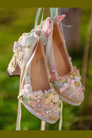 milanoo.com Abito da sposa Lolita Calzature Lolita Pizzo Volant Perle Fiori Punta rotonda Scarpe Lolita in pelle PU