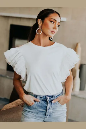 milanoo.com T-shirt bianca con volant e maniche corte girocollo casual