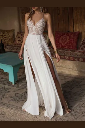 milanoo.com Abiti da Sposa Boho 2025 Pizzo Scollo Av Senza Maniche in Rilievo Backless Doppie Spaccature Abiti da Sposa in Chiffon da Spiaggia