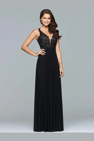 milanoo.com Abito da ballo Nero A-Line con scollo a V senza maniche in chiffon senza maniche Abiti da sposa lunghi in pizzo