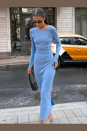 milanoo.com Abito in maglia blu a maniche lunghe con scollo a gioiello stile due pezzi finto abito lungo casual primaverile per le donne 2025