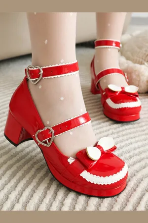 milanoo.com Calzature Sweet Lolita Décolleté Lolita con tacco grosso in pelle PU con fiocchi rossi