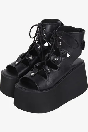 milanoo.com Sandali Gothic Lolita Occhielli Punta aperta Pelle PU metallizzata Scarpe estive Lolita nere