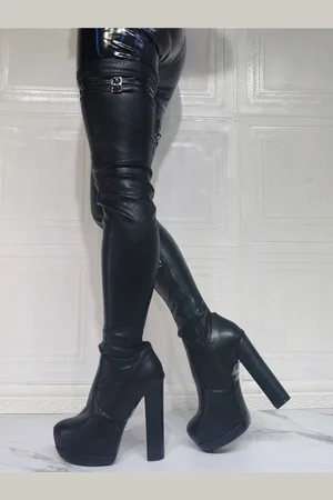milanoo.com Stivali alti fino alla coscia con tacco spesso e plateau da donna neri