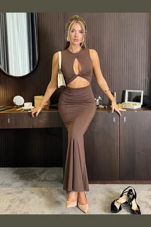 milanoo.com Abiti aderenti Abito tubino tubino caffè senza maniche ritagliato sexy con collo gioiello