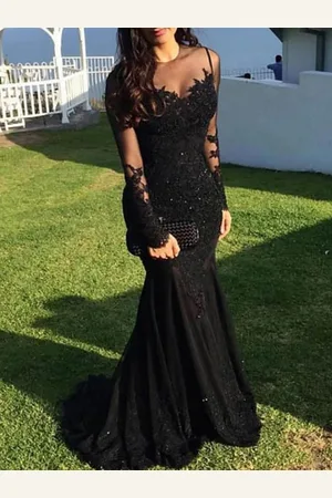 milanoo.com Abito da sera sirena gioiello collo strascico corte maniche lunghe cerniera applique paillettes abiti da festa formale