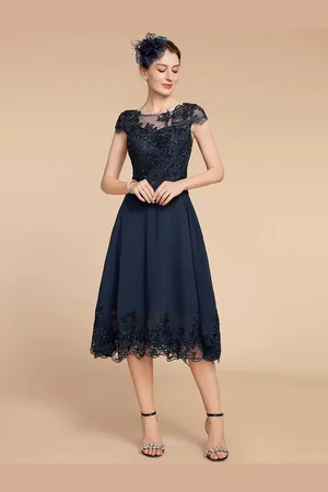 milanoo.com Abito da festa per la madre della sposa collo gioiello maniche ad aletta pizzo linea ad A abiti da sposa lunghi fino al tè