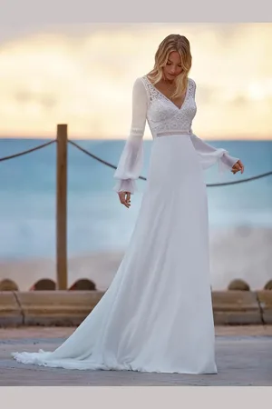 milanoo.com Abito da sposa boho in pizzo a trapezio con strascico senza schienale maniche lunghe scollo a V